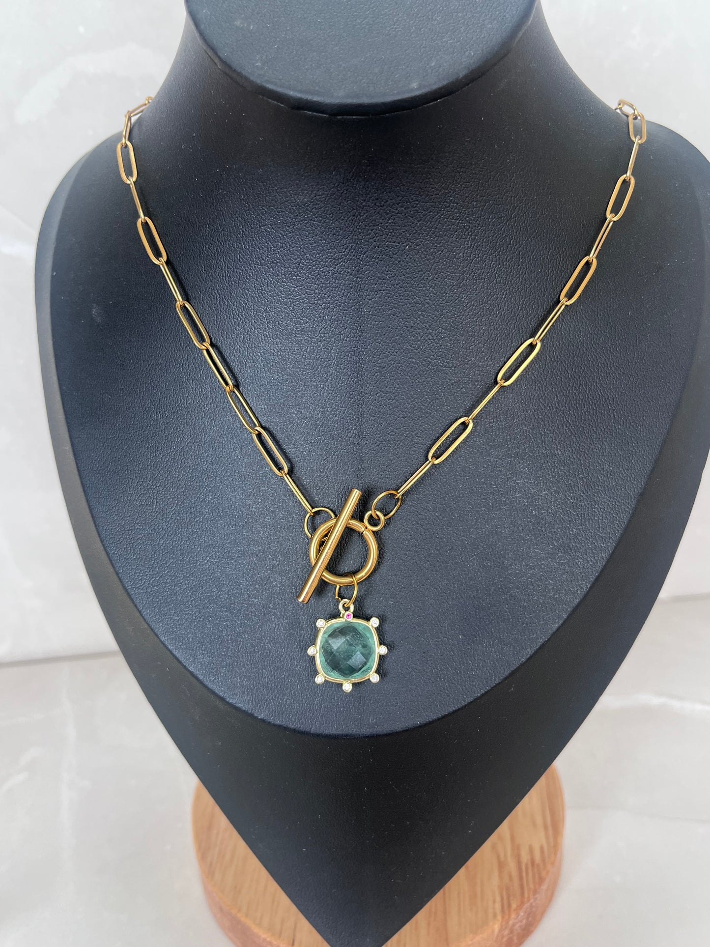 Semi-Precious Crystal T-Bar Necklace – Green Fluorite or Labradorite, Adjustable Gold Necklace, Healing Gemstone Jewellery Gift