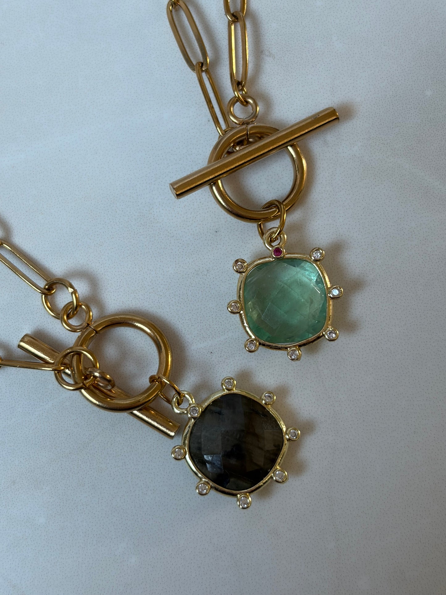 Semi-Precious Crystal T-Bar Necklace – Green Fluorite or Labradorite, Adjustable Gold Necklace, Healing Gemstone Jewellery Gift
