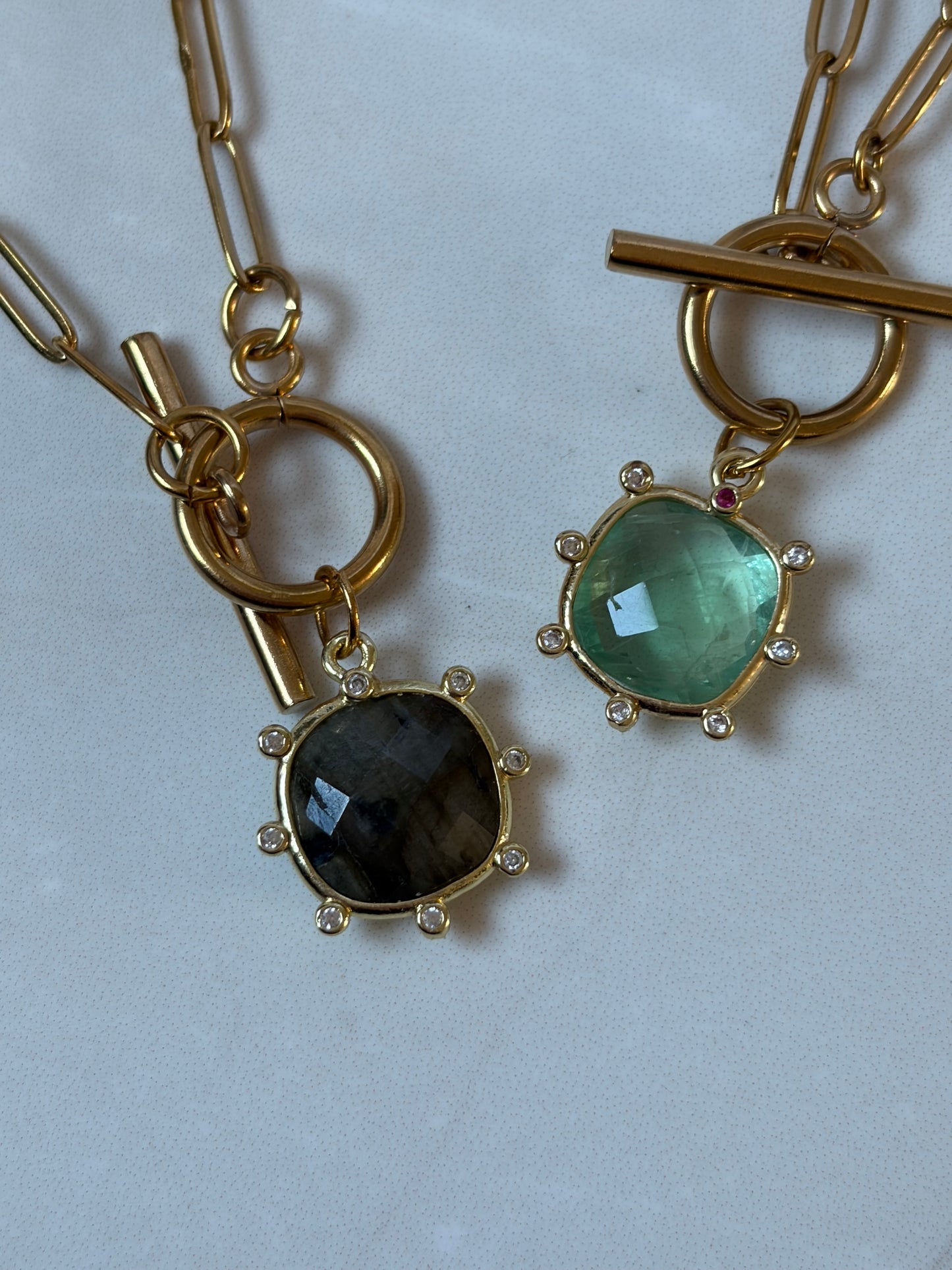 Semi-Precious Crystal T-Bar Necklace – Green Fluorite or Labradorite, Adjustable Gold Necklace, Healing Gemstone Jewellery Gift